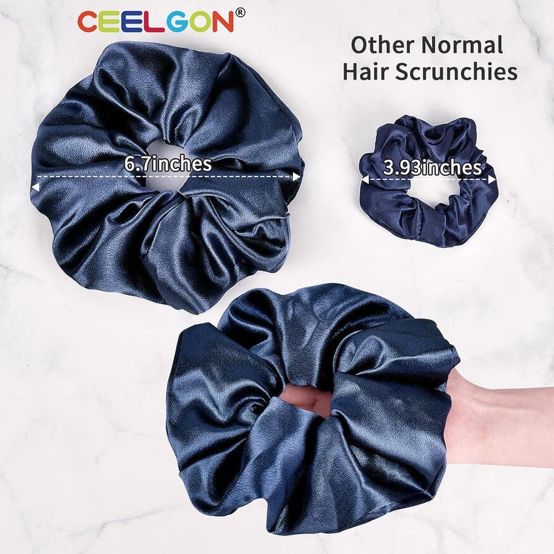 CEELGON Black Big Satin Scrunchies for Women Large Scrunchie Blue Satin Hair Ties Oversized Thick Elastic Jumbo Hair Scrunchies 6 Pack (black,gold,champagne,blue,green,white) - Image 2