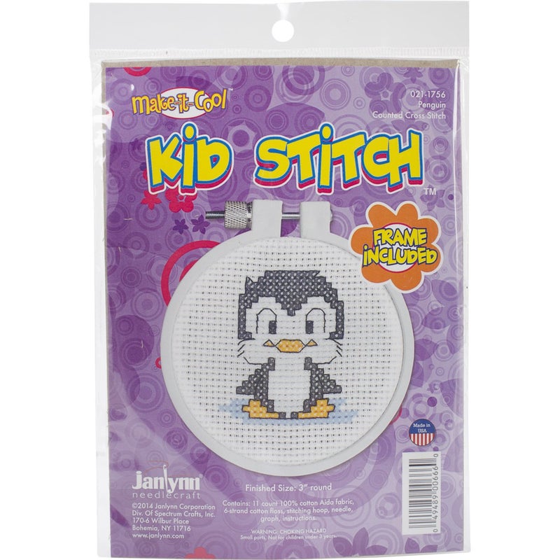 Janlynn 99277Kid Stitch Mini Counted Cross Stitch Kit 3 Round Penguin 11 Count