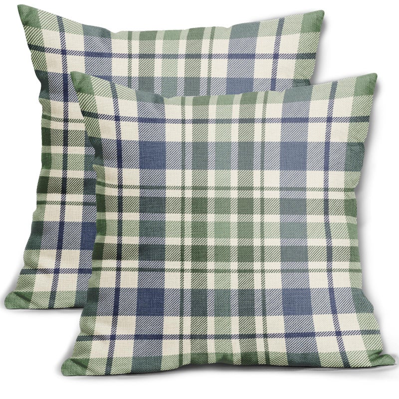 Aytipun Blue Sage Green Spring Plaid Pillow Covers 18x18 Set of 2 Seasonal Tartan Buffalo Plaid Holiday Print Decorative Outdoor Pillowcases Farmhouse Summer Throw Cushion Case Couch Sofa Bed Decor - Image 1