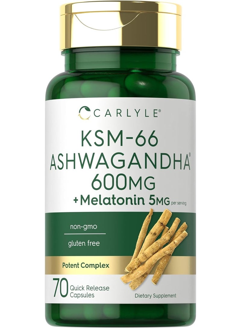 كبسولات أشواغاندا KSM-66 بتركيز 600 ملغ، 70 كبسولة مع مركب قوي من الميلاتونين بتركيز 5 ملغ، غير معدلة وراثيًا وخالية من الغلوتين - Image 1