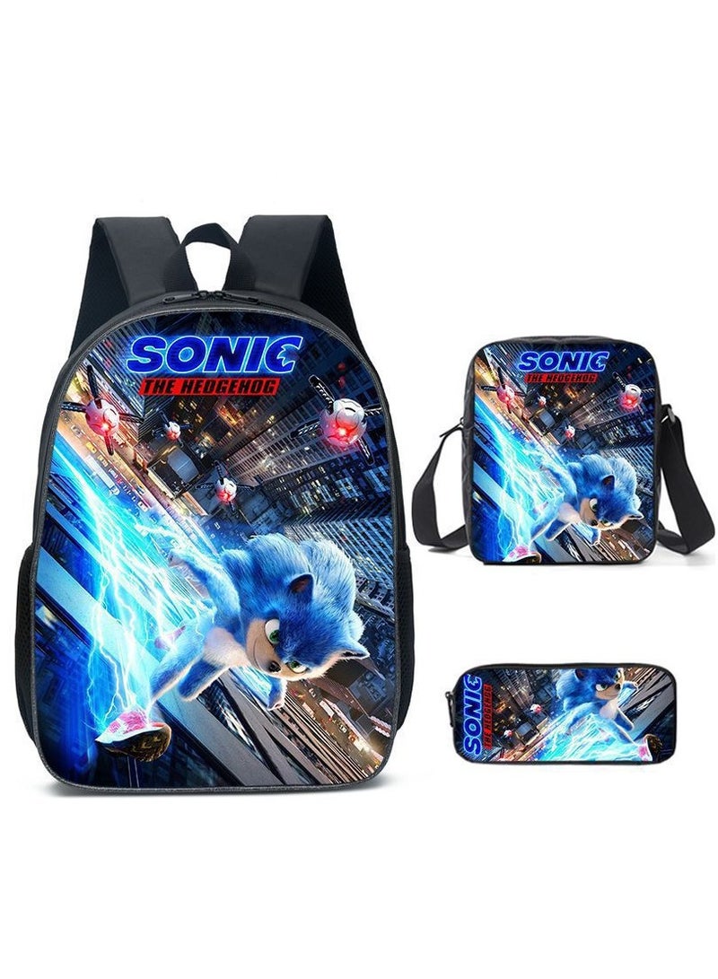 Sonic student large capacity backpack three piece set, anime cartoon backpack, shoulder bag pen bag