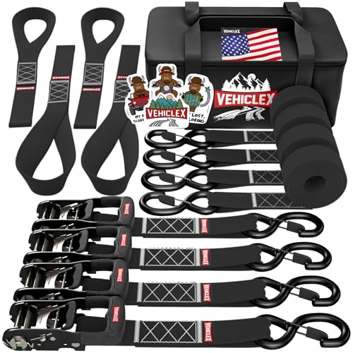 Vehiclex Motorcycle Ratchet Tie Down Straps with Soft Loops - 4PK Heavy Duty 1.5" x 8ft Kit, 4,400 lb Breaking Strength for Powersports, Black - Image 1