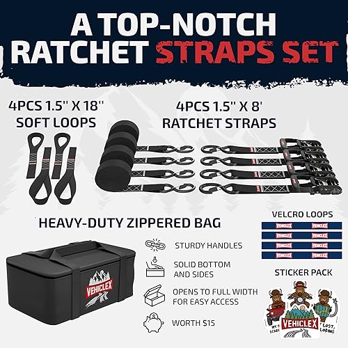 Vehiclex Motorcycle Ratchet Tie Down Straps with Soft Loops - 4PK Heavy Duty 1.5" x 8ft Kit, 4,400 lb Breaking Strength for Powersports, Black - Image 4