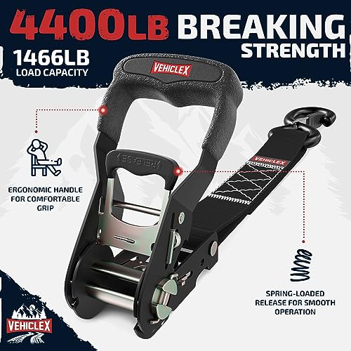Vehiclex Motorcycle Ratchet Tie Down Straps with Soft Loops - 4PK Heavy Duty 1.5" x 8ft Kit, 4,400 lb Breaking Strength for Powersports, Black - Image 2