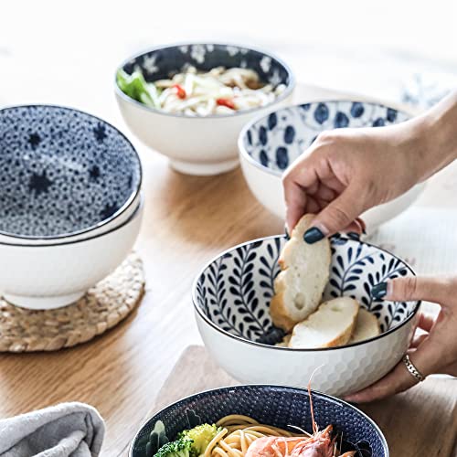 Swuut Japanese Style Ceramic Cereal Bowls,24 Ounces Salad,Soup Ramen Pho Salad Bowl Set of 6,Blue and White Floral Microwave Safe for Kitchen (6 inch) - Image 4