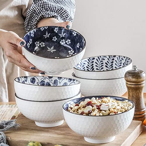 Swuut Japanese Style Ceramic Cereal Bowls,24 Ounces Salad,Soup Ramen Pho Salad Bowl Set of 6,Blue and White Floral Microwave Safe for Kitchen (6 inch) - Image 3