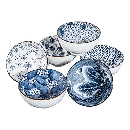 Swuut Japanese Style Ceramic Cereal Bowls,24 Ounces Salad,Soup Ramen Pho Salad Bowl Set of 6,Blue and White Floral Microwave Safe for Kitchen (6 inch) - Image 1