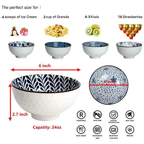 Swuut Japanese Style Ceramic Cereal Bowls,24 Ounces Salad,Soup Ramen Pho Salad Bowl Set of 6,Blue and White Floral Microwave Safe for Kitchen (6 inch) - Image 2