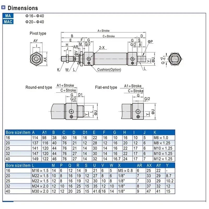 MA25x400 CA S Pneumatic Air Cylinder 25mm Bore 400mm Stroke Double Action Mini Stainless Steel Piston - Image 5
