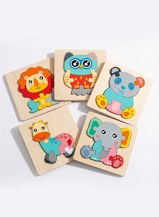 Wooden 3D Pegged Puzzle Board for Kids – Montessori Animal Theme Jigsaw Featuring Giraffe, Owl, Lion, Fish & Koala Bear – Smooth Safe Eco-Friendly Early Learning Toy for Toddlers - Image 1