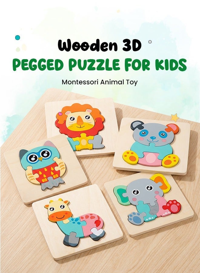 Wooden 3D Pegged Puzzle Board for Kids – Montessori Animal Theme Jigsaw Featuring Giraffe, Owl, Lion, Fish & Koala Bear – Smooth Safe Eco-Friendly Early Learning Toy for Toddlers - Image 4