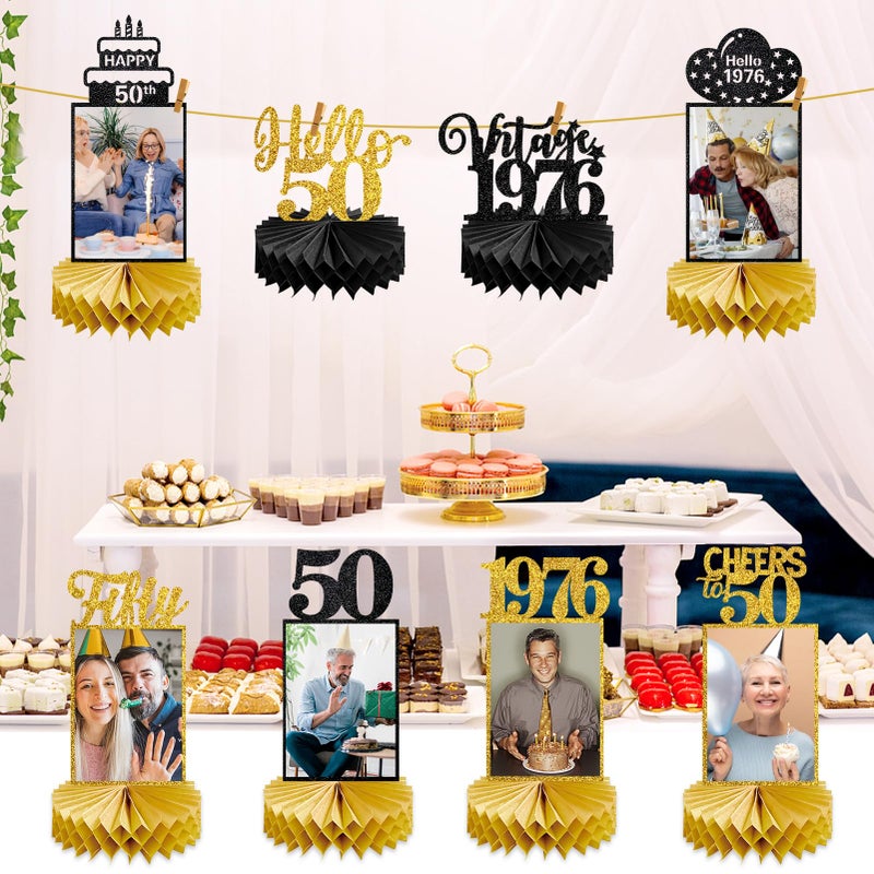 Eucutur 8Pcs 50th Birthday Decorations Honeycomb Centerpieces for Women Men, Black Gold Vintage 1976 50th Bday Photo Table Centerpieces Party Supplies, Glitter Cheers to 50 Year Old Bday Table Topper - Image 3