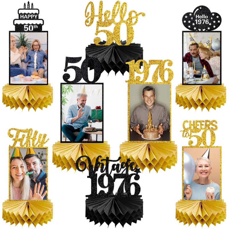 Eucutur 8Pcs 50th Birthday Decorations Honeycomb Centerpieces for Women Men, Black Gold Vintage 1976 50th Bday Photo Table Centerpieces Party Supplies, Glitter Cheers to 50 Year Old Bday Table Topper - Image 1