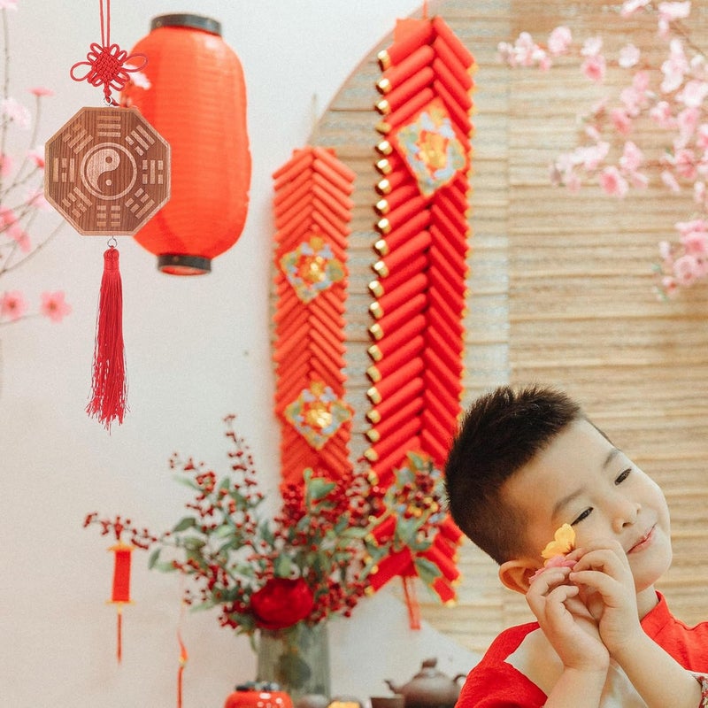 Bagua Hanging Ornament Wooden Wall Decor 10cm Thick Peach Wood Carved Feng Shui Bagua Mirror with Chinese Knot Tassel for Home and Car Protection - Image 3