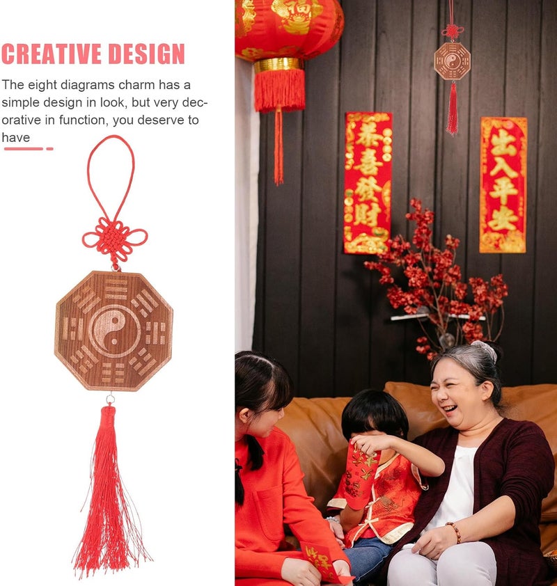 Bagua Hanging Ornament Wooden Wall Decor 10cm Thick Peach Wood Carved Feng Shui Bagua Mirror with Chinese Knot Tassel for Home and Car Protection - Image 2