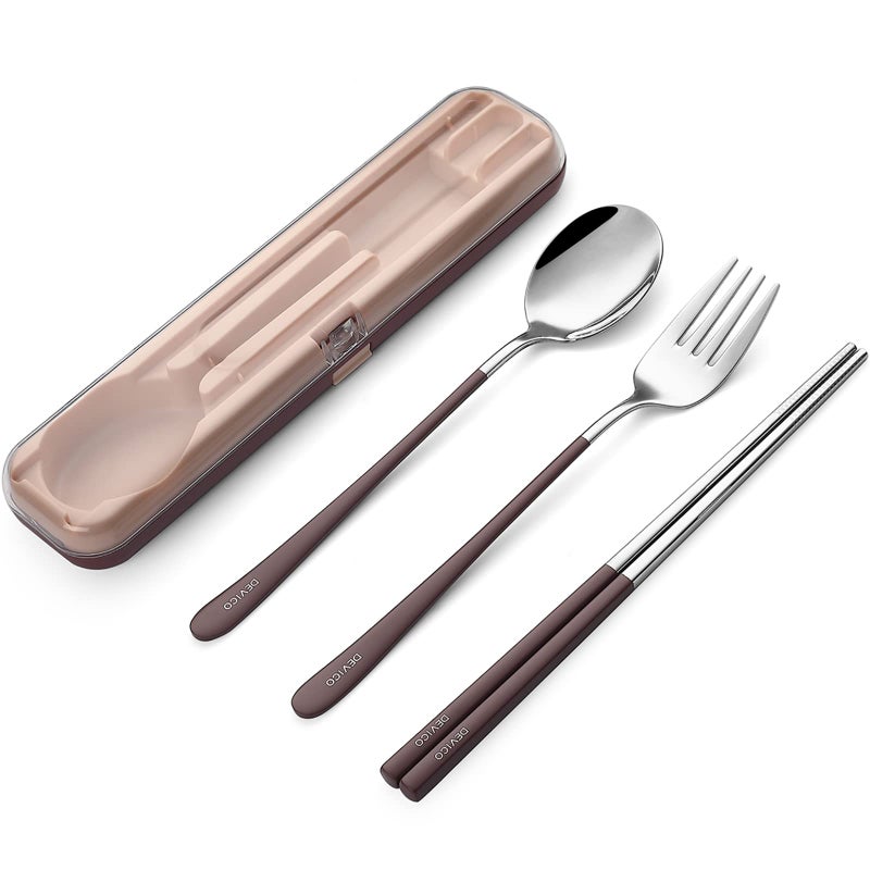 DEVICO DEVICO Portable Utensils Travel Reusable Silverware Flatware Set for Lunch 188 Stainless Steel 4Piece Camping Cutlery Include Fork Spoon Chopsticks with Case Brown