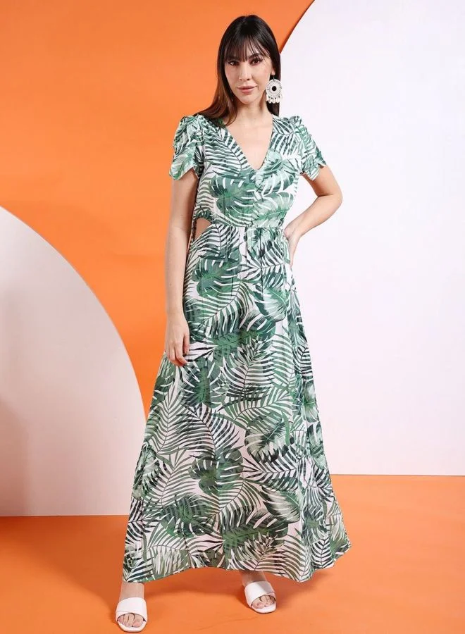Women Fit and Flared Tropical Printed V-Neck Short Sleeve Waist Cut Out Long Dress