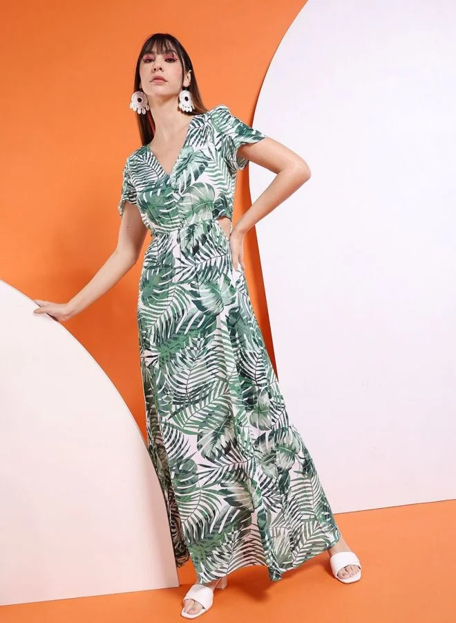 Freehand  Women Fit and Flared Tropical Printed V-Neck Short Sleeve Waist Cut Out Long Dress for Women | Best Price UAE