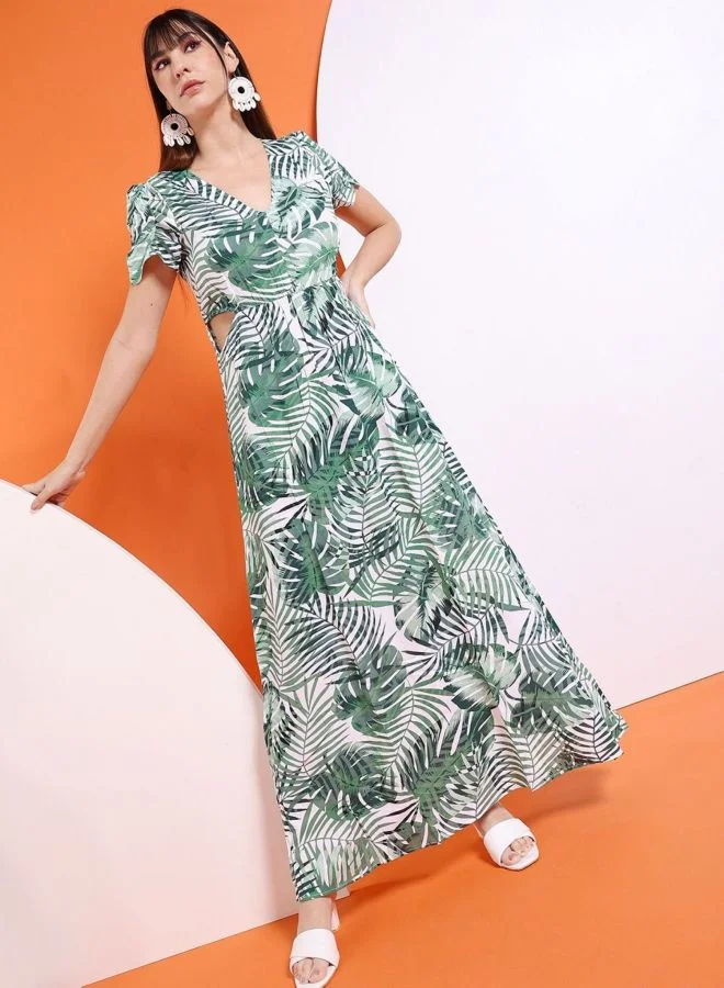 Freehand  Women Fit and Flared Tropical Printed V-Neck Short Sleeve Waist Cut Out Long Dress for Women | Best Price UAE