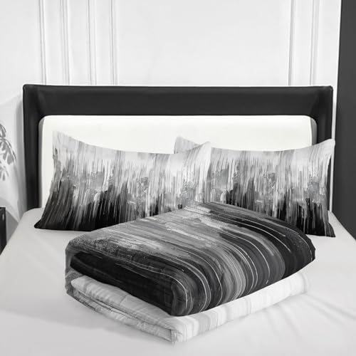 Nttopship Grey Black White Gradient Print Comforter Set King Size,Abstract Art Bedding Set,Patchwork Printed Quilted Set for Teens Adult,with 1 Comforter and 2 Pillow Case - Image 4