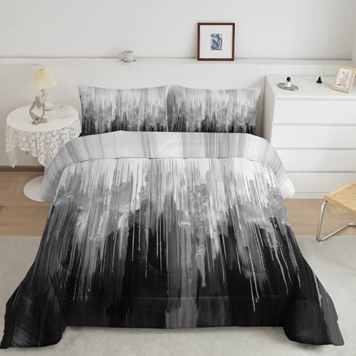 Nttopship Grey Black White Gradient Print Comforter Set King Size,Abstract Art Bedding Set,Patchwork Printed Quilted Set for Teens Adult,with 1 Comforter and 2 Pillow Case - Image 1