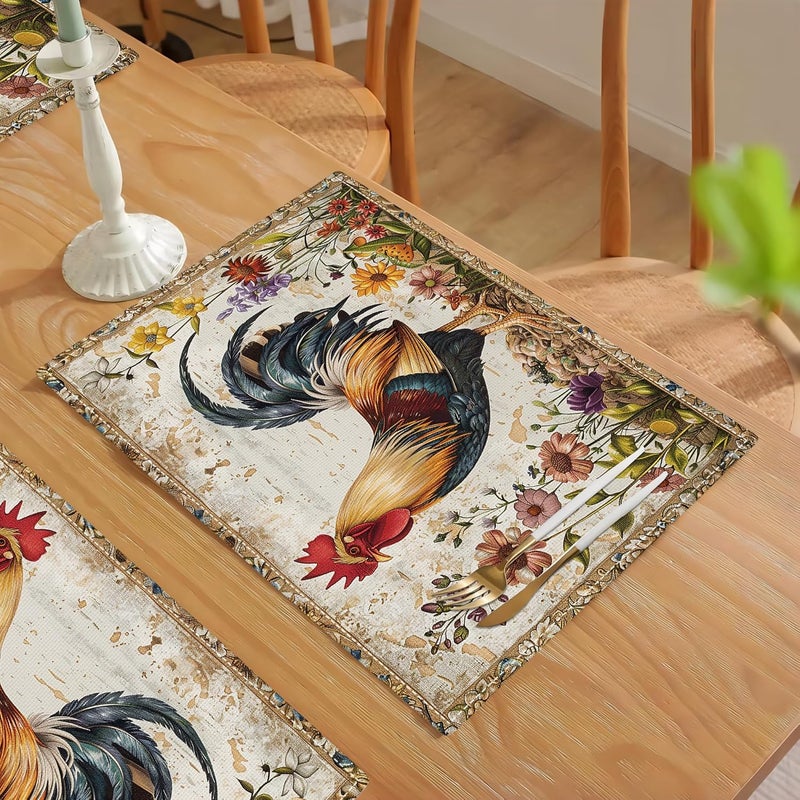citari Farmhouse Rooster Placemats Set of 4 Rustic Chicken Imitation Linen Placemat Farm Heat Resistant Dining Place Mats Country Vintage Florals Table Mats for Kitchen Indoor Restaurants 12x18 - Image 5