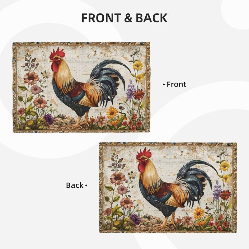 citari Farmhouse Rooster Placemats Set of 4 Rustic Chicken Imitation Linen Placemat Farm Heat Resistant Dining Place Mats Country Vintage Florals Table Mats for Kitchen Indoor Restaurants 12x18 - Image 2