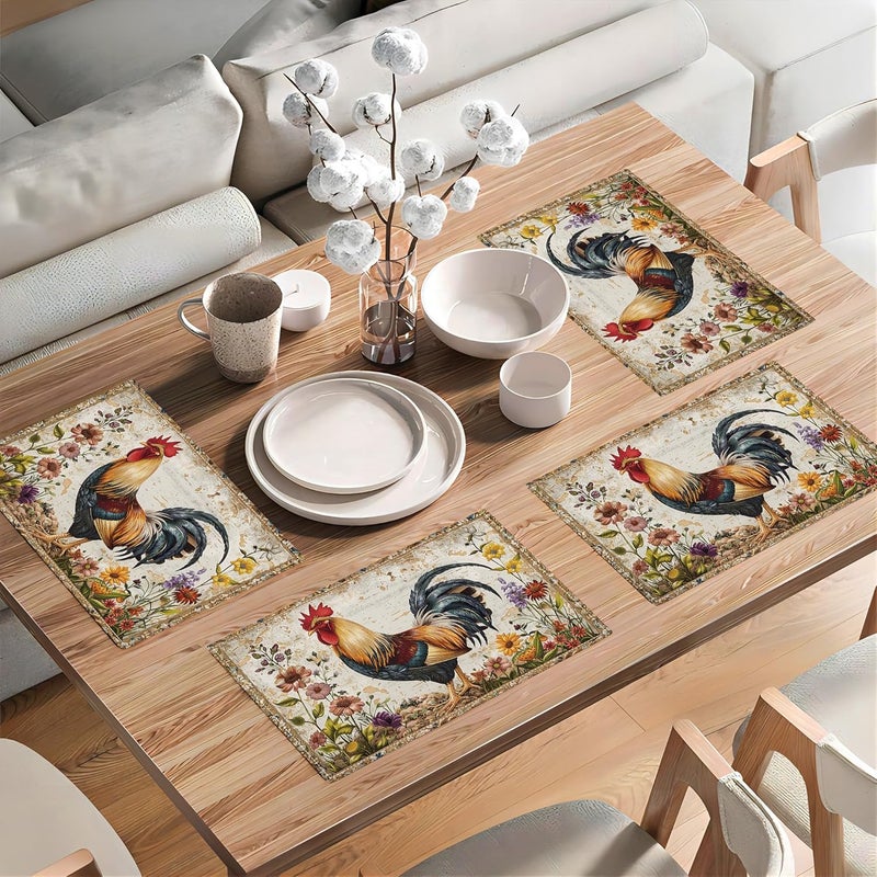 citari Farmhouse Rooster Placemats Set of 4 Rustic Chicken Imitation Linen Placemat Farm Heat Resistant Dining Place Mats Country Vintage Florals Table Mats for Kitchen Indoor Restaurants 12x18 - Image 3