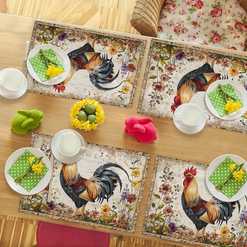 citari Farmhouse Rooster Placemats Set of 4 Rustic Chicken Imitation Linen Placemat Farm Heat Resistant Dining Place Mats Country Vintage Florals Table Mats for Kitchen Indoor Restaurants 12x18 - Image 4