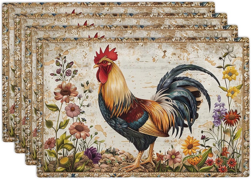 citari Farmhouse Rooster Placemats Set of 4 Rustic Chicken Imitation Linen Placemat Farm Heat Resistant Dining Place Mats Country Vintage Florals Table Mats for Kitchen Indoor Restaurants 12x18 - Image 1