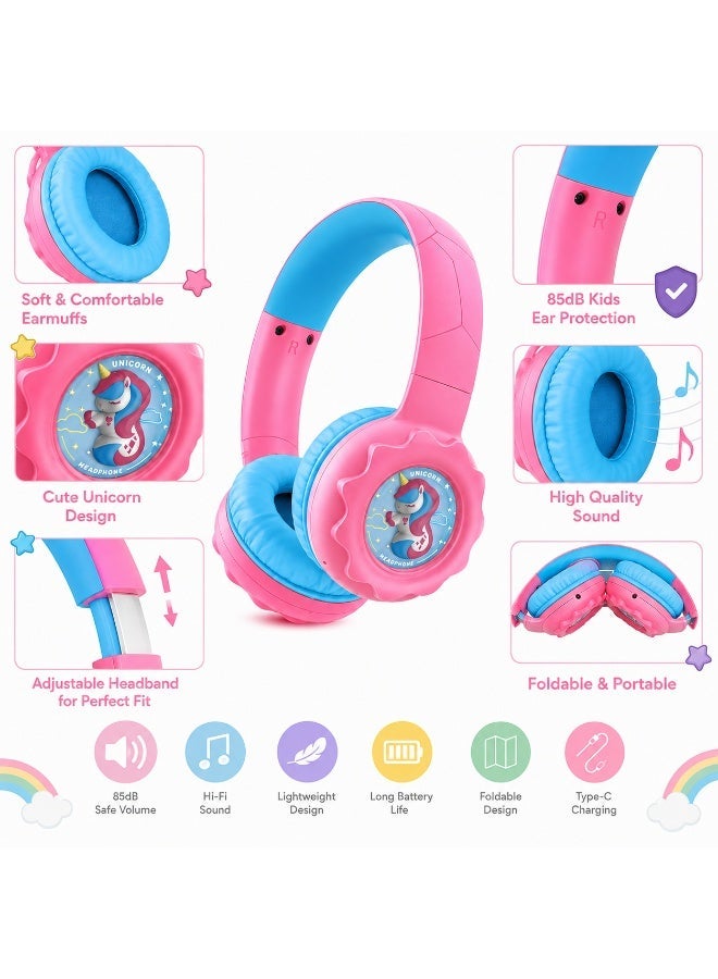 onikuma B30 Kids Wireless Headphones – Bluetooth 5.4, 108dB Safe Volume Limit, 32mm Drivers, 15m Wireless Range, 500mAh Rechargeable Battery, Up to 10H Playtime, Comfortable Over-Ear Design, Cute Unicorn Style – Pink - Image 4