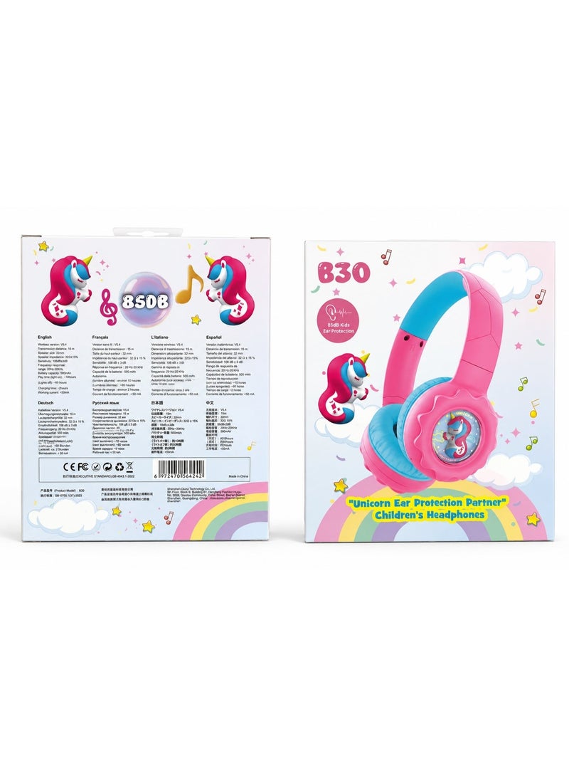 onikuma B30 Kids Wireless Headphones – Bluetooth 5.4, 108dB Safe Volume Limit, 32mm Drivers, 15m Wireless Range, 500mAh Rechargeable Battery, Up to 10H Playtime, Comfortable Over-Ear Design, Cute Unicorn Style – Pink - Image 2