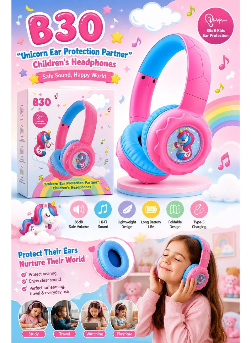 onikuma B30 Kids Wireless Headphones – Bluetooth 5.4, 108dB Safe Volume Limit, 32mm Drivers, 15m Wireless Range, 500mAh Rechargeable Battery, Up to 10H Playtime, Comfortable Over-Ear Design, Cute Unicorn Style – Pink - Image 3