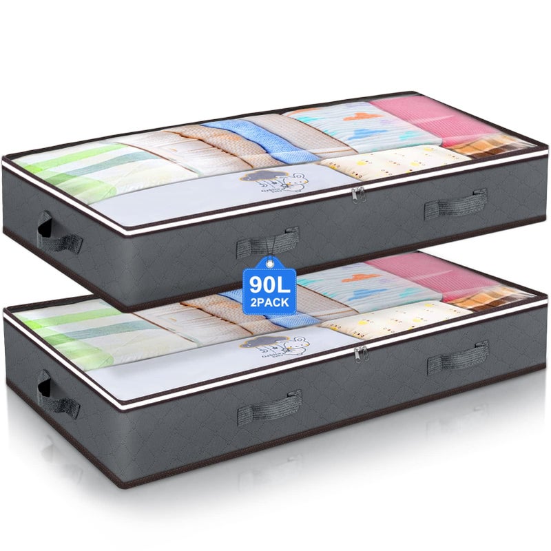 Budding Joy 90L Under Bed Storage Containers Underbed Toy Organizers and Clothing Storage Bags Closet Storage Bins with Clear Window for Organizing Blanket Comforter Bedding Clothes Bedroom Dorm 2 Pack