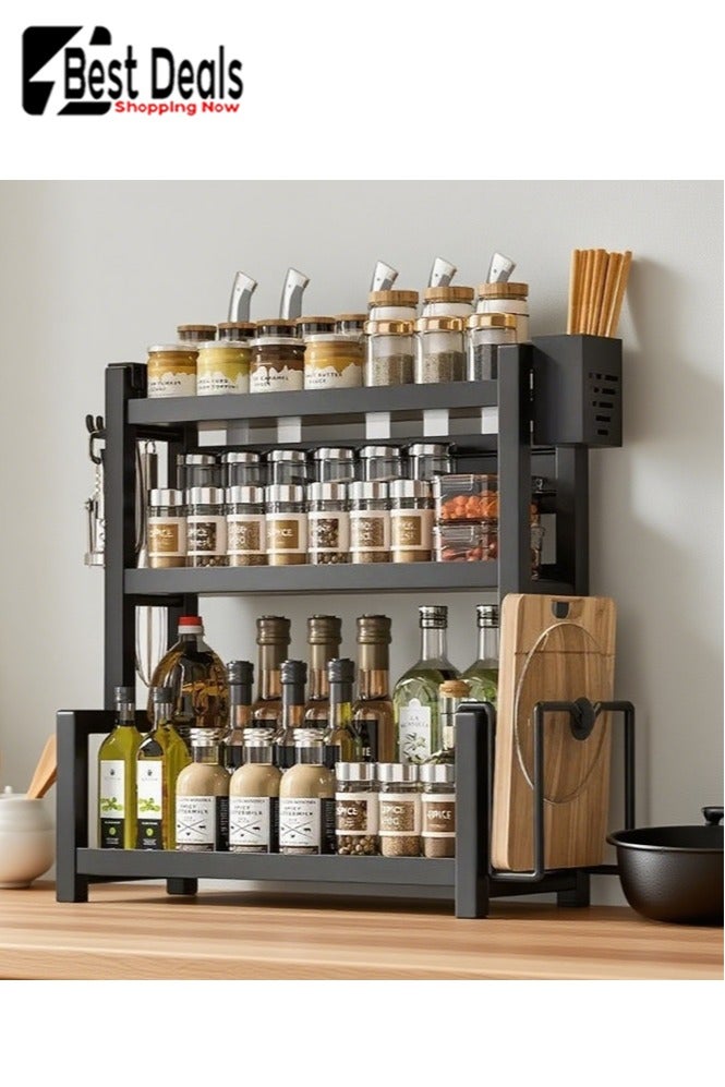 افضل العروض 3-طبقة المطبخ كونترتوب التوابل التوابل تخزين الرف ، رف لوحة لزجة (وعاء غطاء الرف) ، سلة عيدان ، هوك ، التوابل ، التوابل ، زجاجات صلصة الصويا ، علب ، التوابل الرف ، متعددة الوظائف تخزين الرف - Image 2