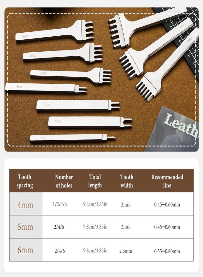 QMNNMA 10Pcs Leather Stitching Punch, Hole Punch Set Diamond Stitching Chisel Set, Multiple Sizes White Steel 1/2/4/6 Prong Leather Chisel with Storage Bag for DIY Craft - Image 2