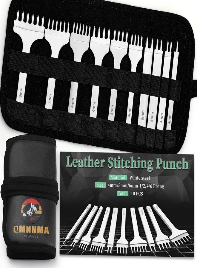 QMNNMA 10Pcs Leather Stitching Punch, Hole Punch Set Diamond Stitching Chisel Set, Multiple Sizes White Steel 1/2/4/6 Prong Leather Chisel with Storage Bag for DIY Craft - Image 1