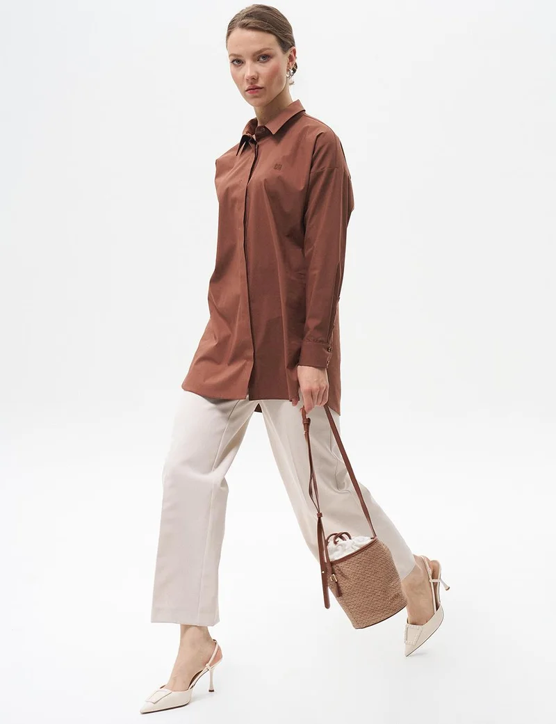Kayra Shirt Collar Basic Poplin Tunic Dark Brown