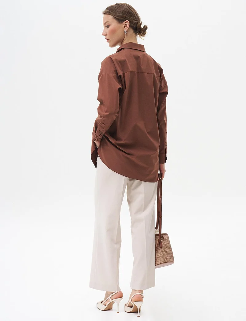 Kayra Shirt Collar Basic Poplin Tunic Dark Brown