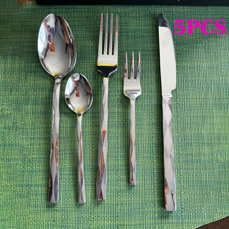 5PCS Luxury Tableware Set Silvery Stainless Steel Mirror Polished Diamond Cut Pattern Suitable for Kitchen Home Wedding Party Dishwasher Safe - Image 1