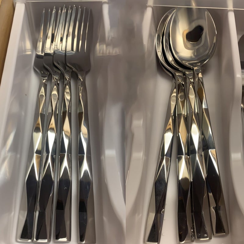 5PCS Luxury Tableware Set Silvery Stainless Steel Mirror Polished Diamond Cut Pattern Suitable for Kitchen Home Wedding Party Dishwasher Safe - Image 4