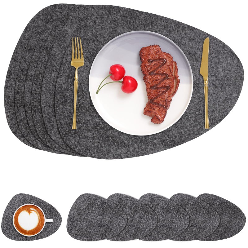 Chitomars Placemats and Coasters  Washable Reversible Placemats Round Faux Leather Wipeable Place Mats Non Slip Heat Resistant Indoor Outdoor Table Mats (Set of 6  Gray) - Image 1