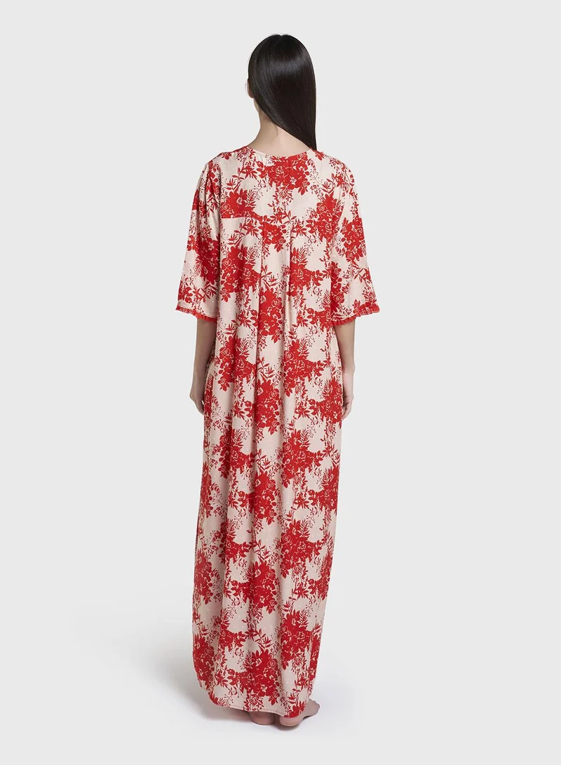 Kashkha  Coral  Floral Print Rayon Long Nightwear Dress (CNH478) for Women | Best Price UAE