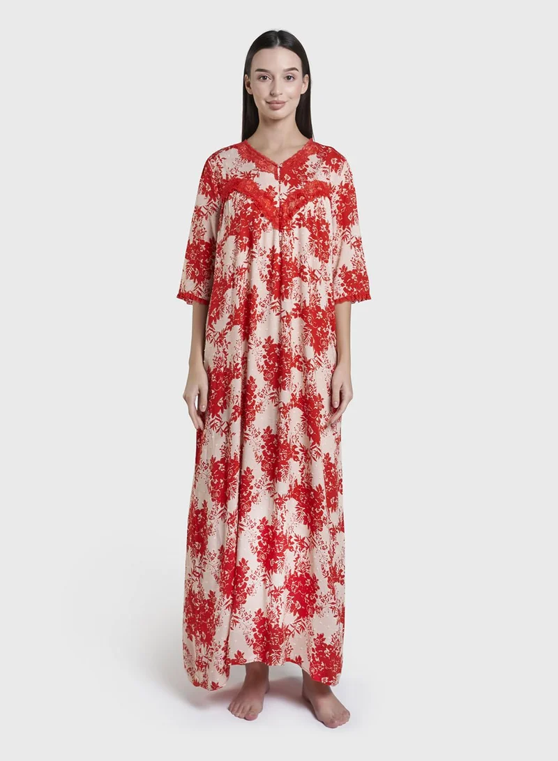 Kashkha Coral  Floral Print Rayon Long Nightwear Dress (CNH478)