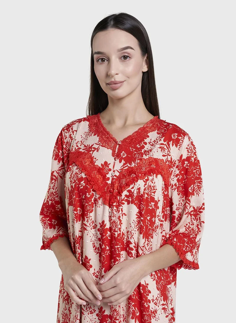 Kashkha Coral  Floral Print Rayon Long Nightwear Dress (CNH478)
