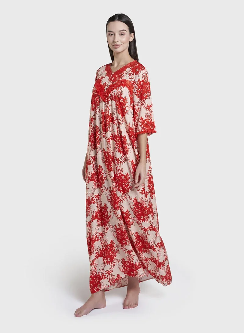 Kashkha  Coral  Floral Print Rayon Long Nightwear Dress (CNH478) for Women | Best Price UAE
