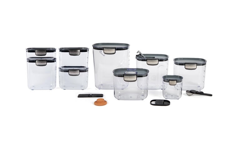 ProKeeper+ Airtight Food Storage Container Set â€“ Clear Plastic Flour and Sugar Canister Set with Magnetic Accessories for Kitchen Organization (Grey, 13-Piece)