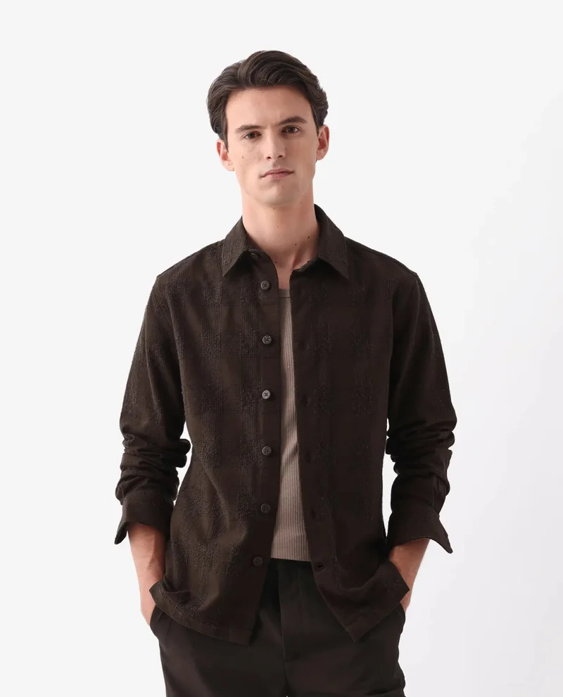 Rare Rabbit Rare Rabbit Men's Una Brown Cotton Fabric Short Sleeve Collared Neck Button Closure Checked Shirt