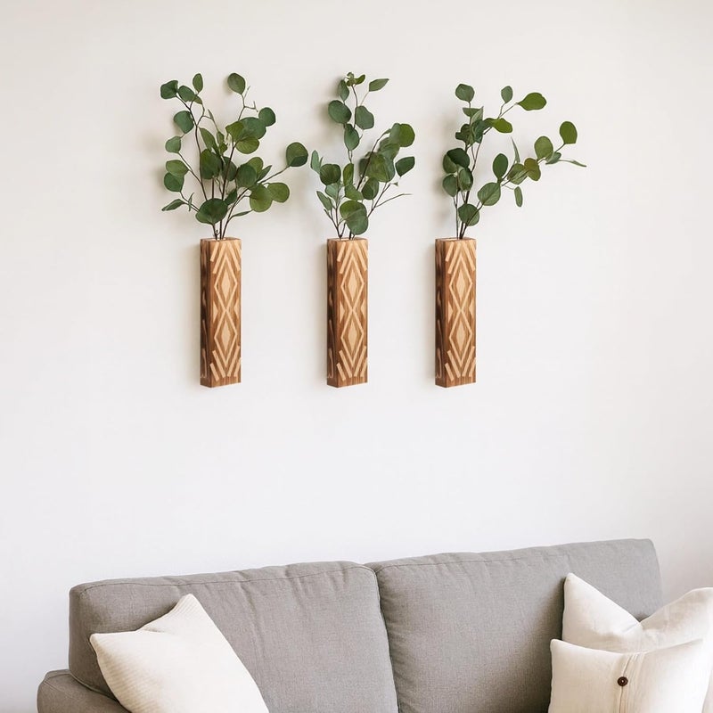 3 Piece Farmhouse Wall Vase, Wooden Grain Geometric Decor for Flowers - Image 5