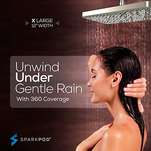 SparkPod 12 Inch Rectangle Rain Shower Head - Ceiling or Wall Mount Rainfall Shower Head - Large Coverage Showerhead - Brass Ball Joint with 360° Adjustment - 1-Min Install (Elegant Brushed Nickel) - Image 4